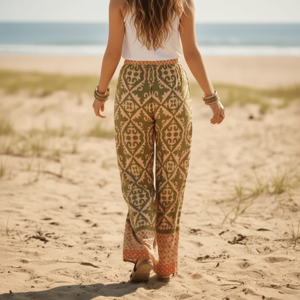 Back image of a woman wearing olive sage boho wide leg palazzo pants with a high waist drawstring waistband and vintage geometric print paired with a white tank top