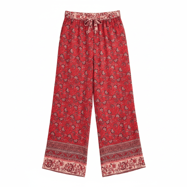 Crimson Meadow boho wide leg pants with functional side pockets, a high waist drawstring waistband, lightweight rayon fabric, and a flowy red floral palazzo silhouette featuring a floral and butterfly-inspired print.