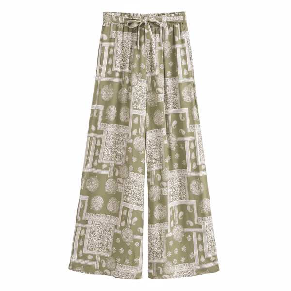 Olive mosaic boho wide leg pants with a high waist drawstring waistband, vintage patchwork print, and flowy palazzo silhouette.