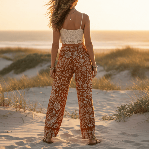Back view of a woman wearing rust paisley boho wide leg pants with functional side pockets, a high waist drawstring waistband, and a flowy palazzo silhouette paired with a white tank top.