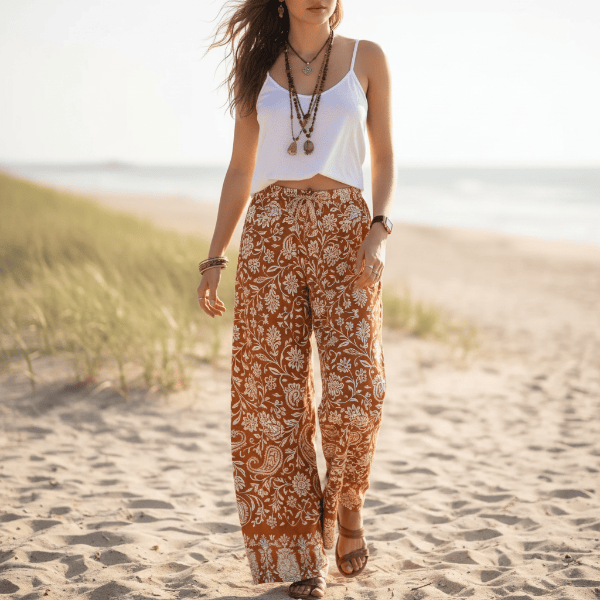Woman wearing rust paisley boho wide leg pants with functional side pockets, a high waist drawstring waistband, and a flowy palazzo silhouette paired with a white tank top.