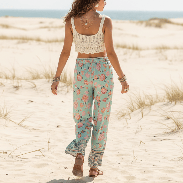 Back of woman wearing Seafoam Bloom boho wide leg pants with functional side pockets, a high waist drawstring waistband, lightweight rayon fabric, and a flowy floral palazzo silhouette with a seafoam floral print.