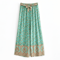 Boho Beach Hut Wide Leg Pants, Wide Leg Trousers Seafoam Floral Boho Wide Leg Pants