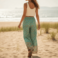 Boho Beach Hut Wide Leg Pants, Wide Leg Trousers Seafoam Floral Boho Wide Leg Pants