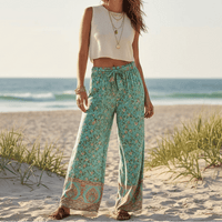 Boho Beach Hut Wide Leg Pants, Wide Leg Trousers Seafoam Floral Boho Wide Leg Pants Seafoam / S