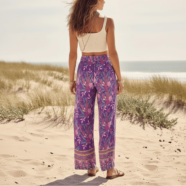 Back of woman wearing Wild Orchid boho wide leg pants with functional side pockets, a high waist drawstring waistband, lightweight rayon fabric, and a flowy purple floral palazzo silhouette with a vibrant botanical print.