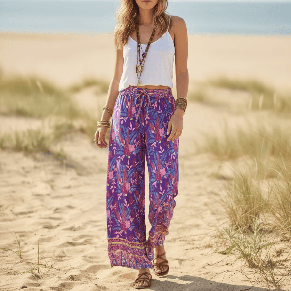 Woman wearing Wild Orchid boho wide leg pants with functional side pockets, a high waist drawstring waistband, lightweight rayon fabric, and a flowy purple floral palazzo silhouette with a vibrant botanical print.