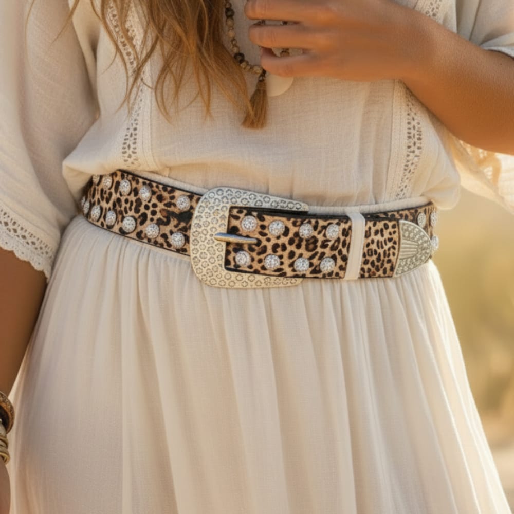 Leopard Print Leather Belt with Rhinestones