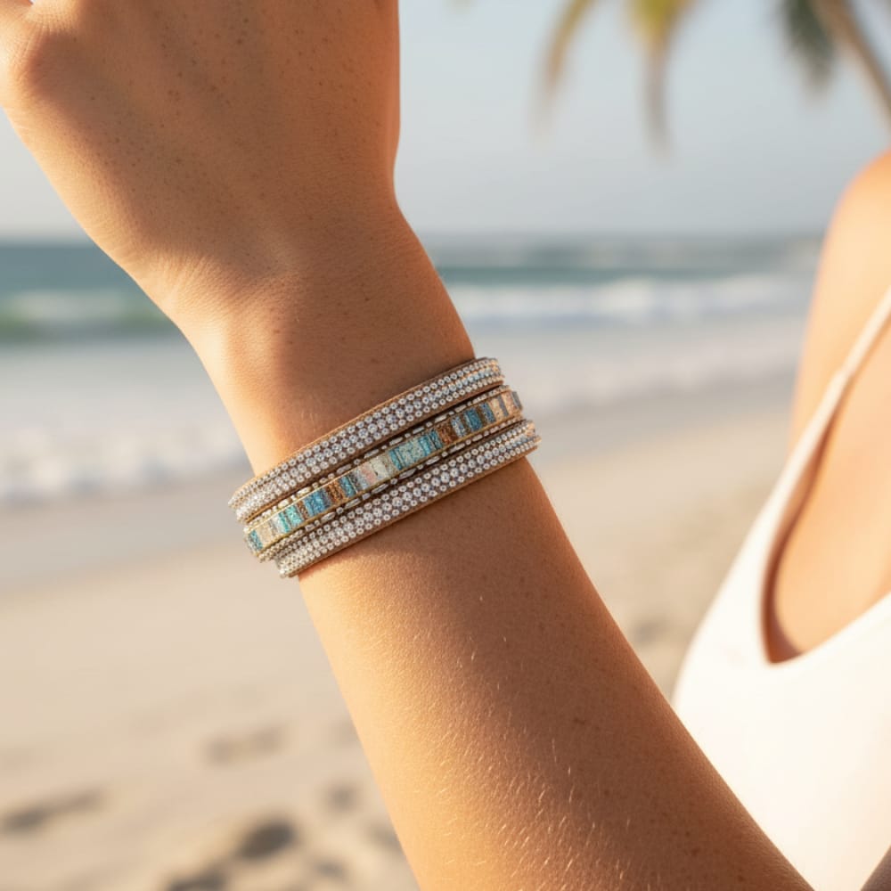 Boho Beach Hut Wrap Bracelets, Bracelets, Rhinestone Bracelet Boho Vintage Crystal Wrap Leather Bracelet Colorful / One Size