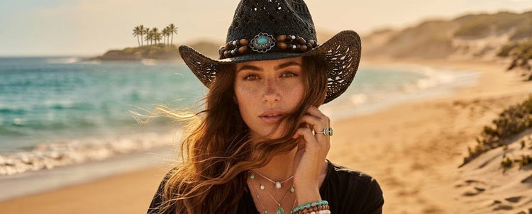 Boho jewelry and accessories for women featuring layered necklaces, bracelets, hats and free-spirited details