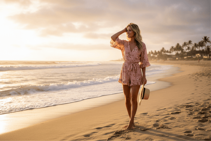 Woman in a pink boho romper standing on a beach at sunset
