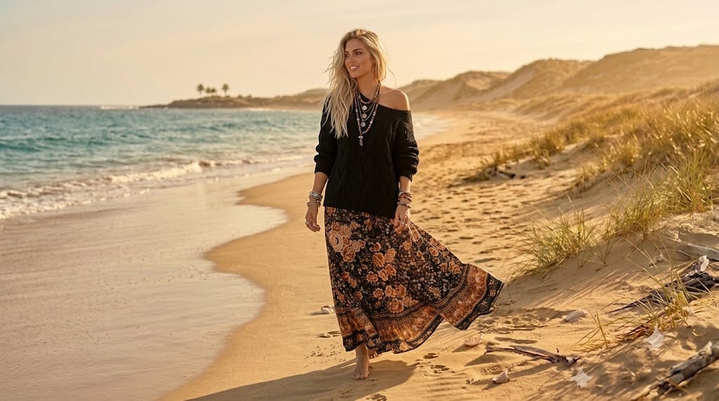A woman walks barefoot on a sandy beach at sunset, wearing a boho black off-the-shoulder long-sleeve top and a long bohemian floral maxi skirt.