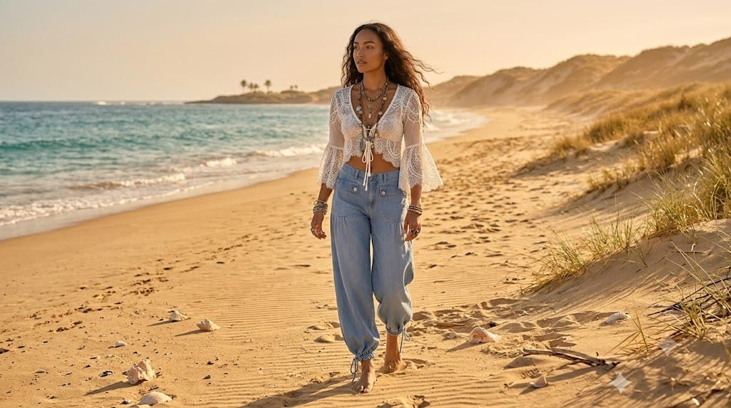 A woman walks along a sandy beach wearing a sheer bohemian white long-sleeve crop top tied at the front and light blue wide-leg jeans, with ocean dunes and blue water in the background.