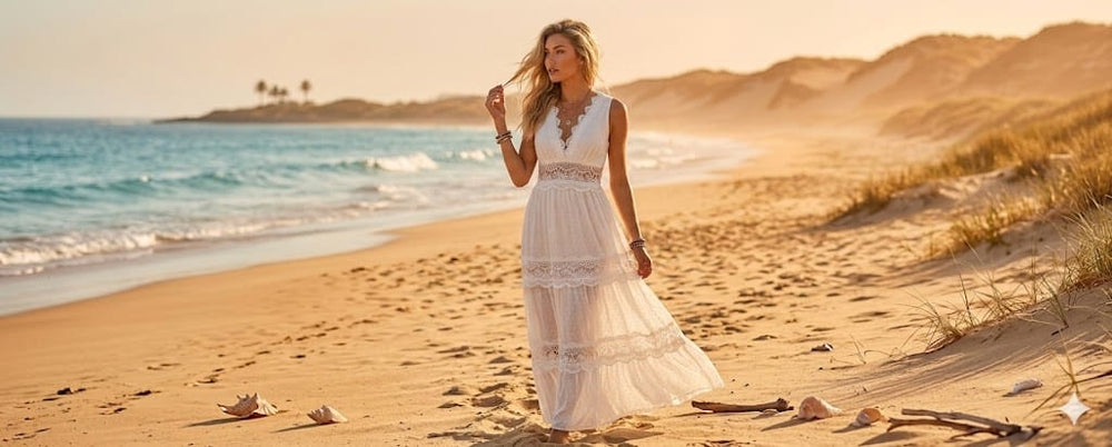 Summer collection featuring boho dresses, beachwear, and effortless warm weather fashion for women