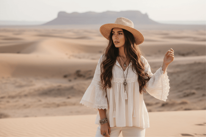 Woman in a white boho blouse and bohemian beach straw hat standing in a desert landscape