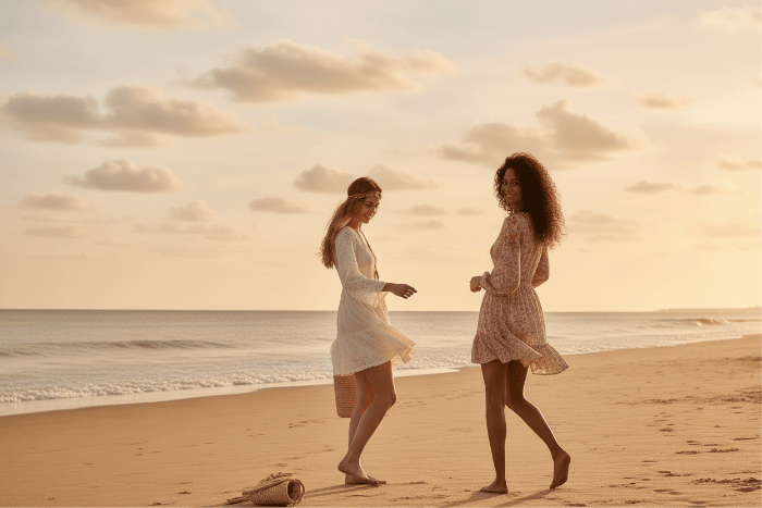 Two women wearing boho mini dresses walking on a beach at sunset