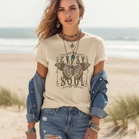 Woman wearing Gypsy Soul butterfly boho graphic tee in khaki