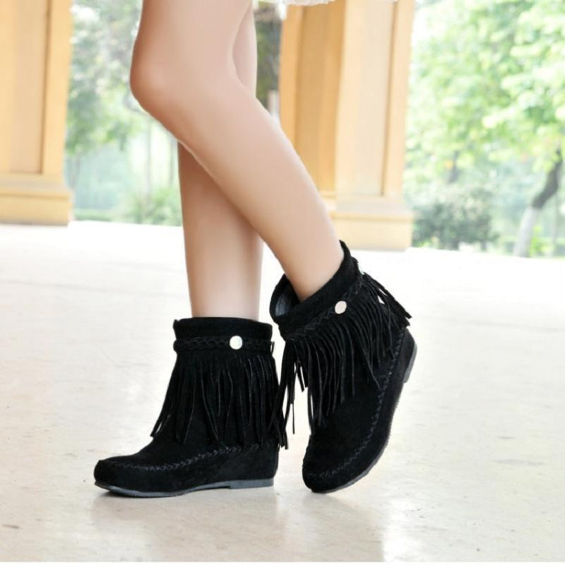 Boho Tassel Fringe Faux Suede Boots – Ankle Height Slip-On
