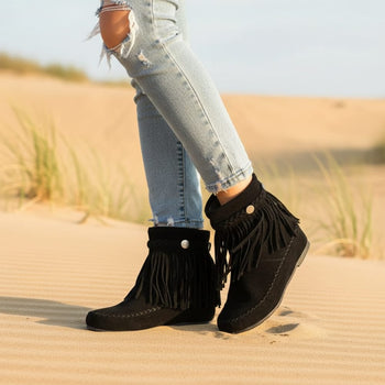 Boho Beach Hut Ankle Boots Black / 4.5 Boho Tassel Fringe Faux Suede Boots