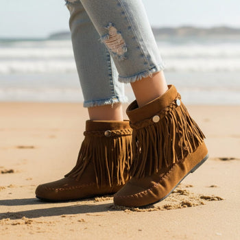 Boho Beach Hut Ankle Boots Boho Tassel Fringe Faux Suede Boots