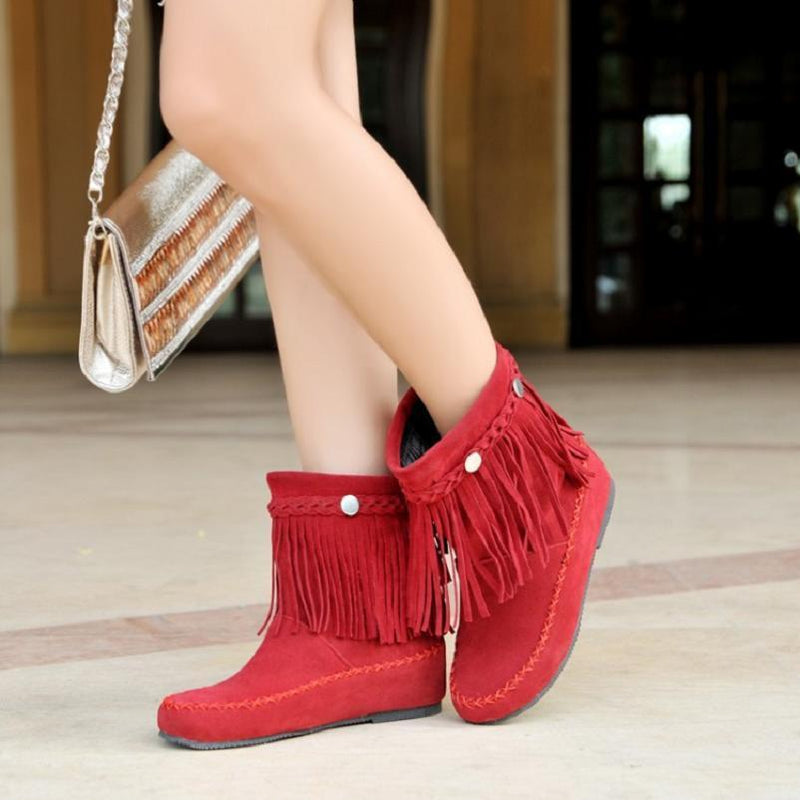 Boho Beach Hut Ankle Boots Boho Tassel Fringe Faux Suede Boots Red / 4.5