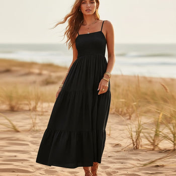 Boho Beach Hut Beach Dress, Boho Dress, Summer Dress, Maxi Dress, black dress, green dress, blue dress, Casual Dress Black / S Sleeveless Spaghetti Strap Casual Long Dress