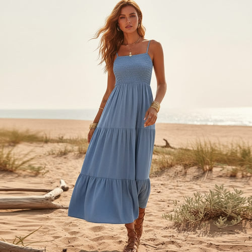 Boho Beach Hut Beach Dress, Boho Dress, Summer Dress, Maxi Dress, black dress, green dress, blue dress, Casual Dress Blue / S Sleeveless Spaghetti Strap Casual Long Dress