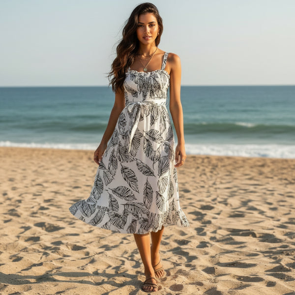 Midi Dress Spaghetti Strap Floral Backless Black