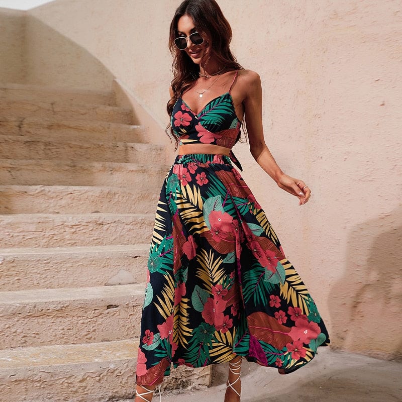 Boho Beach Hut Beach Dress, Boho Dress, Summer Dress, Midi Dress, Sleeveless Dress, Crop top dress, two piece dress, maxi dress Boho Floral Two Piece Crop Top Skirt Set