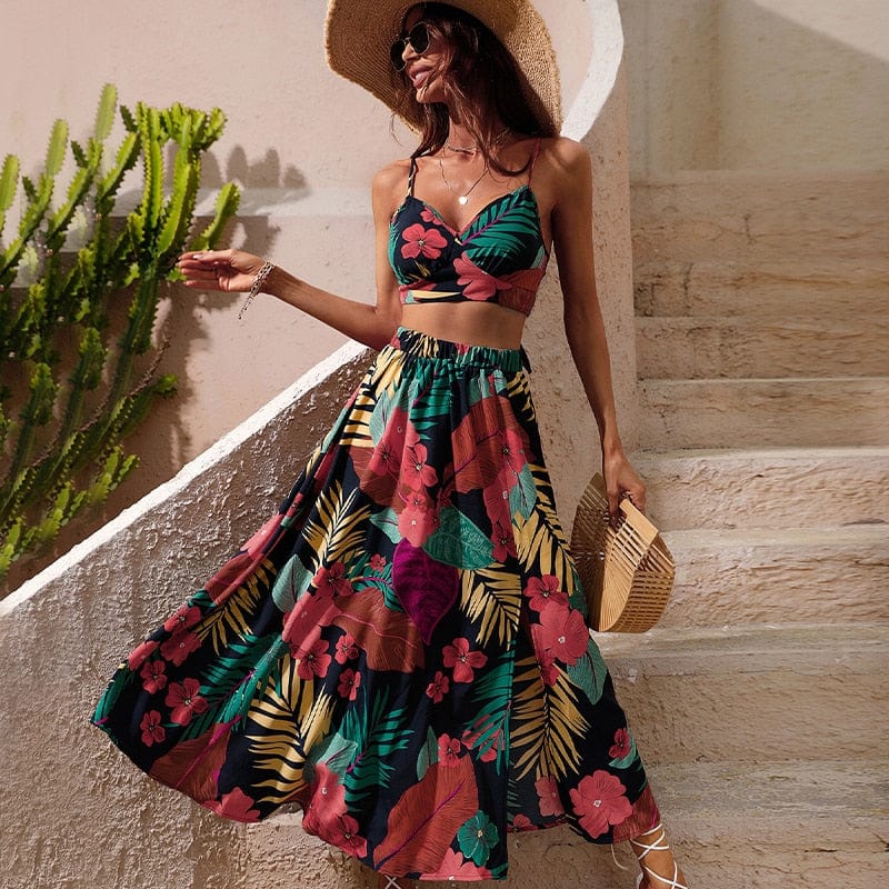 Crop Top With Long Skirt Set Boho Style Floral Two Piece Crop Top