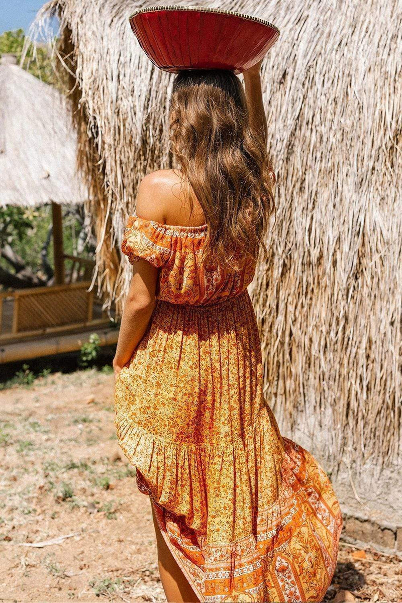 Boho Beach Hut Beach Dress, Boho Dress, Summer Dress, Midi Dress, Sleeveless Dress Vintage Floral Print Off Shoulder Midi Dress