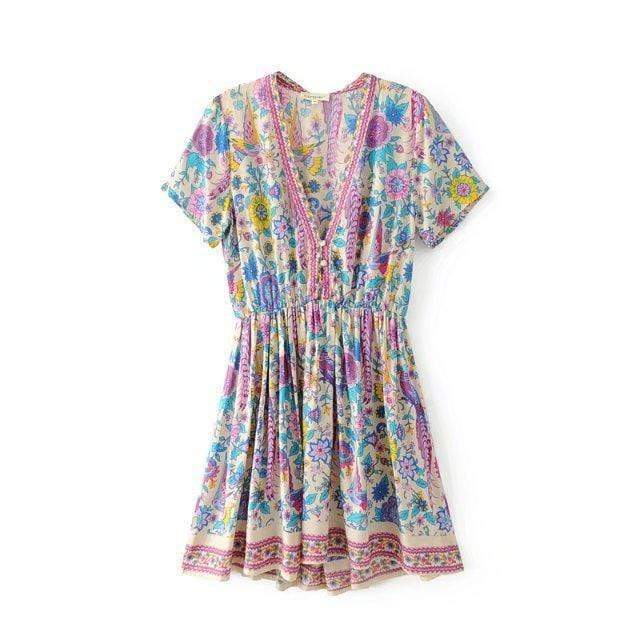 Boho Beach Hut Beach Dress, Boho Dress, Summer Dress, mini dress, floral dress, short sleeve dress, blue dress, vintage dress, boho chic dress, plus size dress Boho Vintage Floral Print Mini Dress