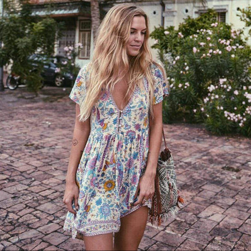 Boho Beach Hut Beach Dress, Boho Dress, Summer Dress, mini dress, floral dress, short sleeve dress, blue dress, vintage dress, boho chic dress, plus size dress Boho Vintage Floral Print Mini Dress Blue / S