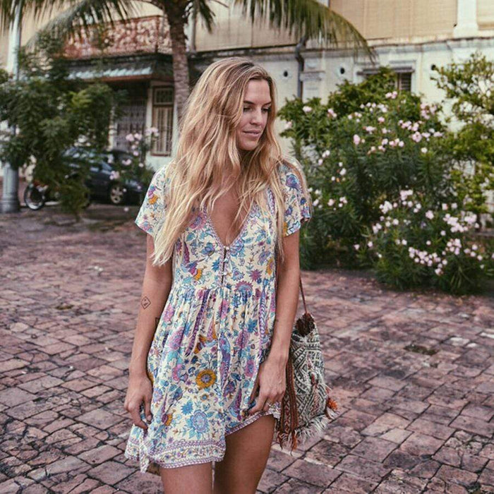 Boho Beach Hut Beach Dress, Boho Dress, Summer Dress, mini dress, floral dress, short sleeve dress, blue dress, vintage dress, boho chic dress, plus size dress Boho Vintage Floral Print Mini Dress Blue / S