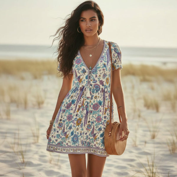 Boho Vintage Floral Mini Dress Deep V-Neck Short Sleeve Summer Dress Boho Beach Hut Boho Vintage Floral Mini Dress Deep V-Neck Short Sleeve Summer Dress Boho Beach Hut