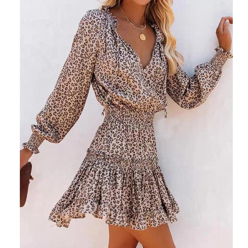 Boho Beach Hut Beach Dress, Boho Dress, Summer Dress, Sun Dress, mini dress, casual dress, leopard print dress, long sleeve dress Leopard Print Long Sleeve Mini Dress