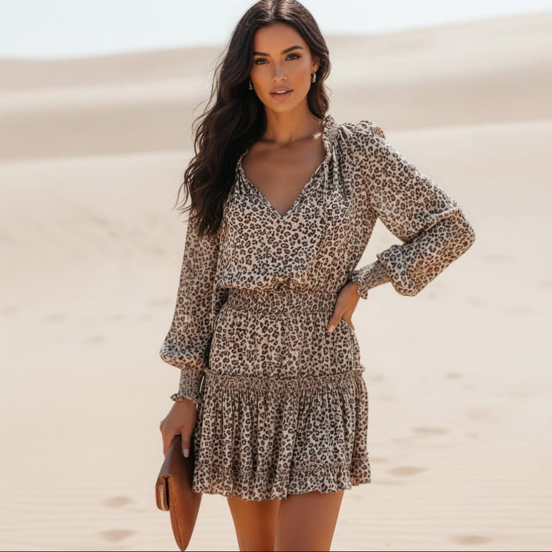 Leopard Print Mini Dress Boho Long Sleeve V-Neck Empire Waist Dress in Leopard Print | Women's Boho Fashion | S | Linen, Polyester Leopard Print Mini Dress Boho Long Sleeve V-Neck Empire Waist Dress in Leopard Print | Women's Boho Fashion | S | Linen, Polyester