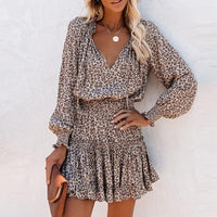 Boho Beach Hut Beach Dress, Boho Dress, Summer Dress, Sun Dress, mini dress, casual dress, leopard print dress, long sleeve dress Leopard Print / XL Leopard Print Long Sleeve Mini Dress