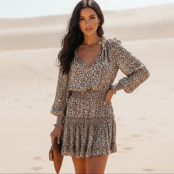 Boho Beach Hut Beach Dress, Boho Dress, Summer Dress, Sun Dress, mini dress, casual dress, leopard print dress, long sleeve dress Leopard Print / XL Leopard Print Long Sleeve Mini Dress