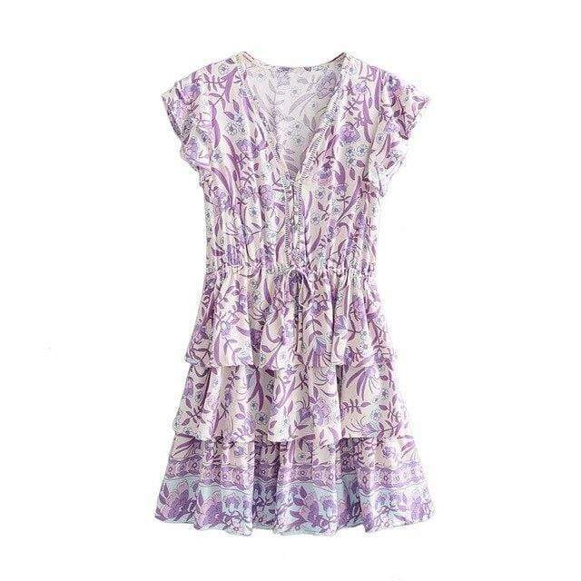 Boho Beach Hut Beach Dress, Chic Dress, Boho Dress, Summer Dress, Sun Dress, Mini Dress, Clearance Boho Lilac Floral Print Mini Dress