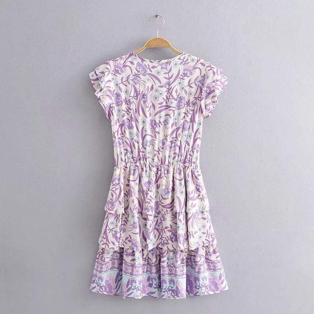 Boho Beach Hut Beach Dress, Chic Dress, Boho Dress, Summer Dress, Sun Dress, Mini Dress, Clearance Boho Lilac Floral Print Mini Dress