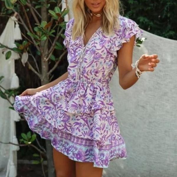 Boho Beach Hut Beach Dress, Chic Dress, Boho Dress, Summer Dress, Sun Dress, Mini Dress, Clearance Boho Lilac Floral Print Mini Dress Purple / S