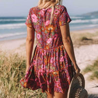 Boho Beach Hut Beach Dress, Chic Dress, Boho Dress, Summer Dress, Sun Dress, Mini Dress, pink dress, floral dress, short sleeve dress Boho Daisy Floral Print Mini Dress