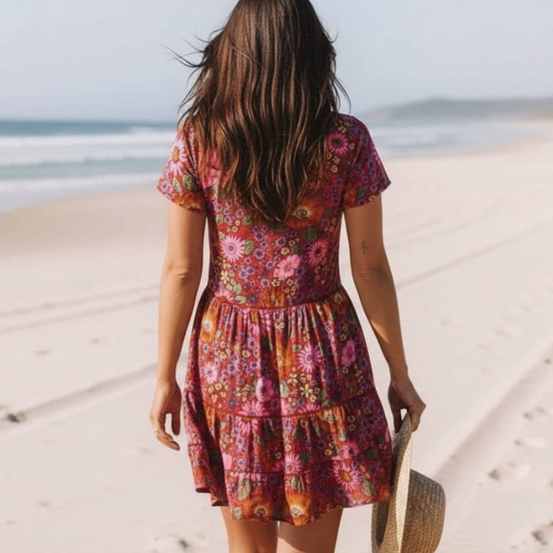 Boho Daisy Floral Mini Dress Pink Short Sleeve A-Line Summer Dress Boho Beach Hut Boho Daisy Floral Mini Dress Pink Short Sleeve A-Line Summer Dress Boho Beach Hut