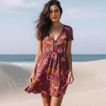 Boho Beach Hut Beach Dress, Chic Dress, Boho Dress, Summer Dress, Sun Dress, Mini Dress, pink dress, floral dress, short sleeve dress Boho Daisy Floral Print Mini Dress Pink / S