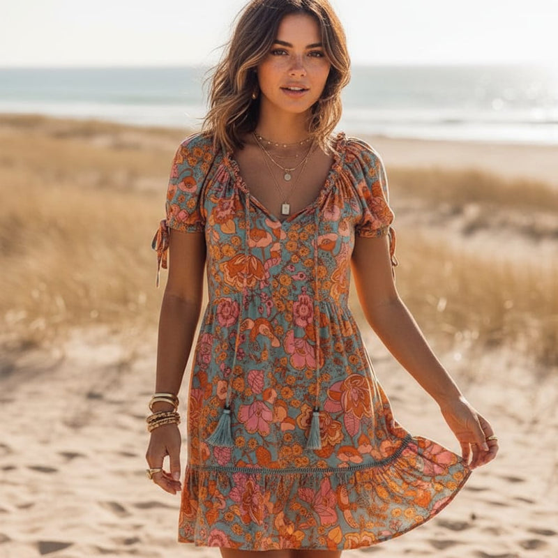 Casual Floral Ruffle Mini Dress Boho Orange Short Sleeve Dress Boho Beach Hut Casual Floral Ruffle Mini Dress Boho Orange Short Sleeve Dress Boho Beach Hut