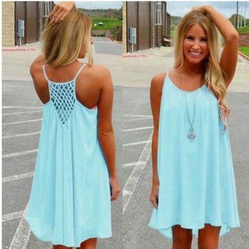 Boho Beach Hut Beach Dress, Chic Dress, Boho Dress, Summer Dress, Sun Dress, Mini Dress, white dress, black dress, blue dress, pink dress, orange dress, yellow, sleeveless dress, cover up, plus size dress Sleeveless Summer Beach Dress Blue / S