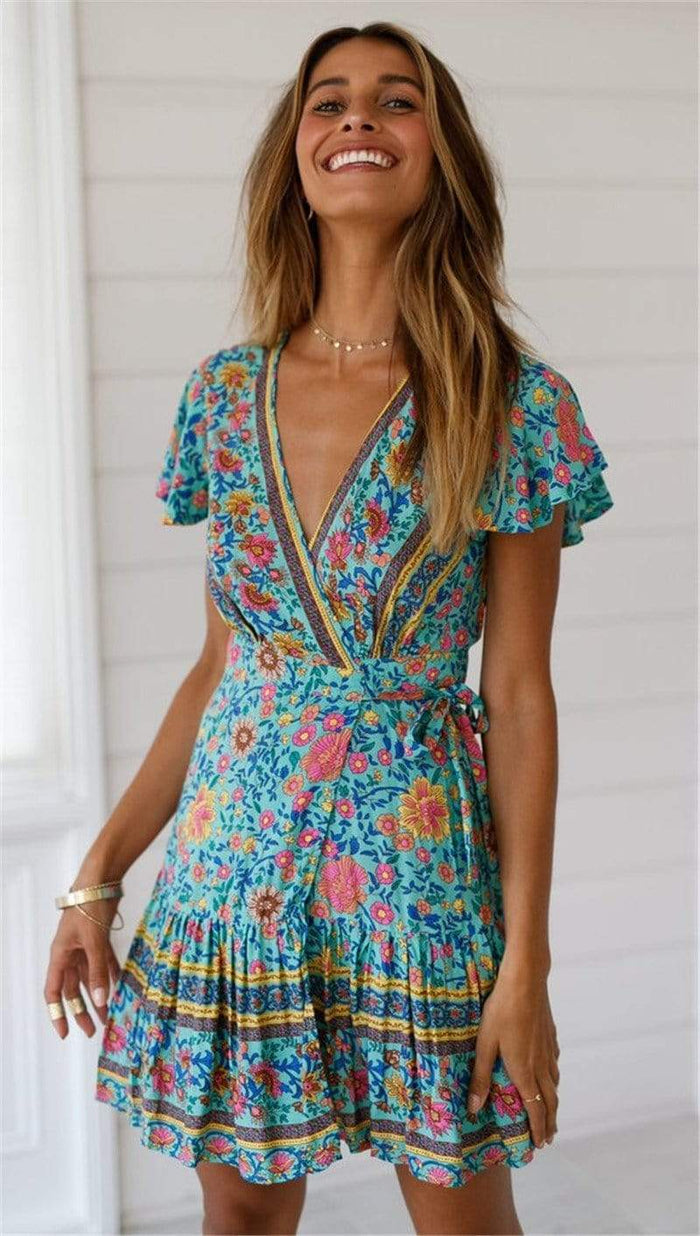 Boho Beach Hut Beach Dress, Chic Dress, Boho Dress, Summer Dress, Sun Dress, Mini Dress, wrap dress, floral dress, green dress, short sleeve dress, plus size dress Green Boho Floral Print Mini Dress