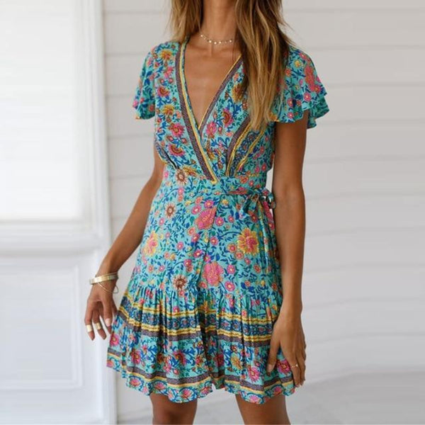 Green Boho Floral Mini Dress – Wrap Style V-Neck A-Line Dress
