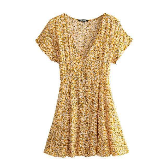 Boho Beach Hut Beach Dress, Chic Dress, Boho Dress, Summer Dress, Sun Dress, Mini Dress, yellow dress, short sleeve dress, floral dress Yellow Floral Print Mini Dress